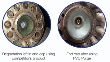 Cap showing degradation on the left and clean end cap on the right after PVC purge compound cleaning